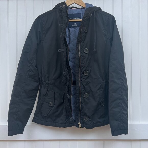 American Eagle Black Hooded Jacket Women's Medium Button Front Winter Coat - Picture 4 of 7